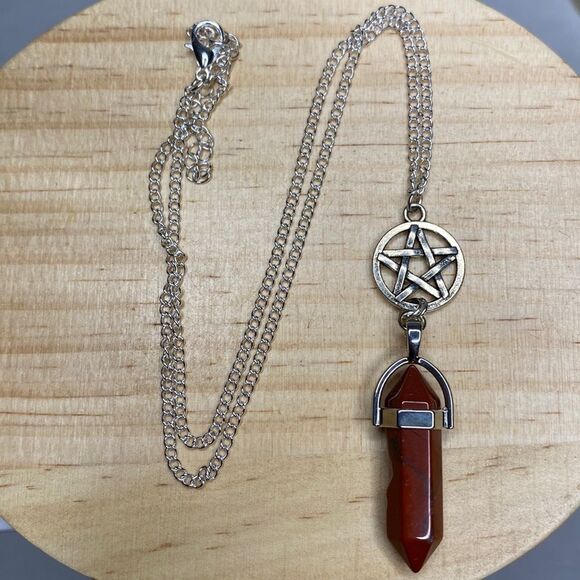 Celestial Necklace, Pendant, Universe Pentagram Celtic Red Stone Silvertone Gift - Picture 1 of 4